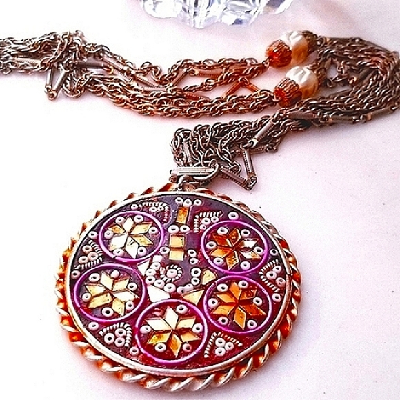 Medallion Necklace Purple Gold Mosaic Pendant Vintage Chain Included - Picture 4 of 12